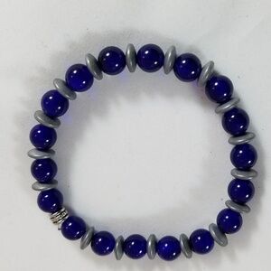 Hand Crafted Bracelet with Hematite Spacers Stretch Cobalt Blue Gray 7” Unisex